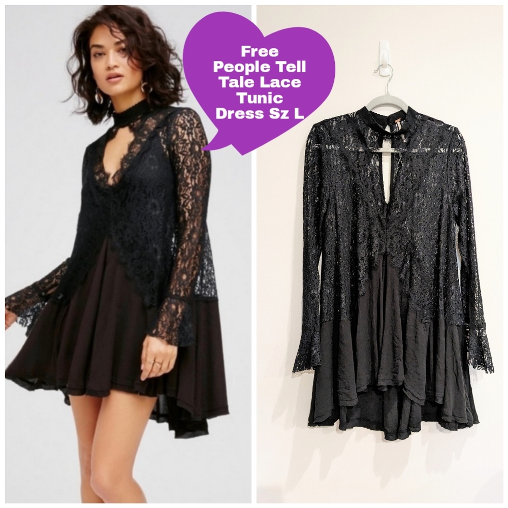 Free People Black Tell Tale Lace Tunic Long Sleeve Mock Neck Cutout Sz L